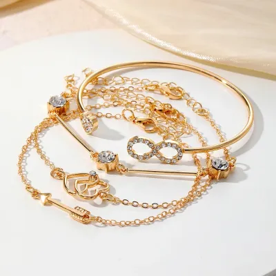 Vintage Rhinestone Heart Multilayer Arrow Chain Bracelet Set (4 Pcs)